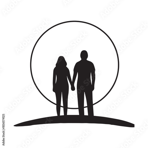 Silhouettes of a couple holding hands against a large circle, representing unity and shared future.