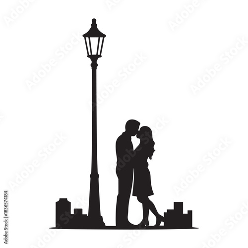 Romantic silhouette of a couple kissing under a vintage lamppost with city skyline