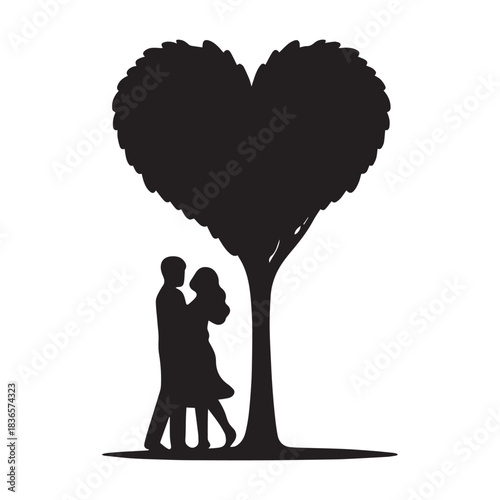 Couple dancing romantically under a large heart-shaped tree silhouette
