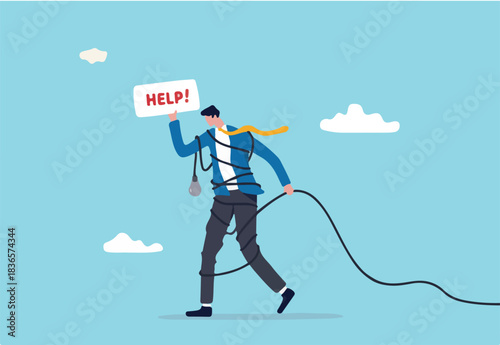 Need help and support to solve problem, desperate or burnout from overworked, request or ask for help concept, frustrated businessman with messy line on himself holding help placard with hopelessness