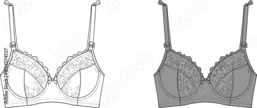 Lace bra technical flat, detailed lingerie design front view with floral pattern, fashion undergarment template for designers, cad drawing flat vector illustration