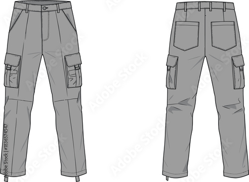 Cargo pants front and back technical fashion sketch, utility trouser design template with pockets, detailed apparel outline for designers, cad drawing flat vector illustration