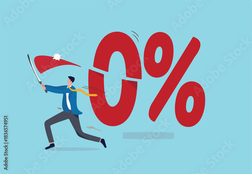 Government Central Bank, Federal Reserve, FED cut interest rate to be negative interest rates for economic stimulus in Coronavirus pandemic concept, businessman cut number 0 percent with his sword.