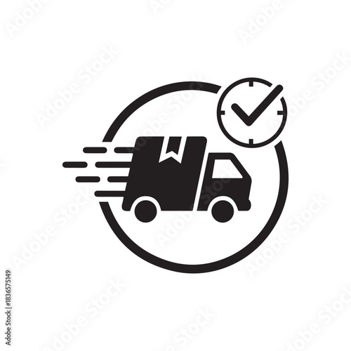 Speedy logistics service, confirmed package delivery truck flat icon graphic