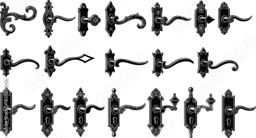Collection of Antique Door Handles and Levers Silhouettes, Ornate Victorian and Gothic Styles, Vintage Hardware and Keyholes Vector