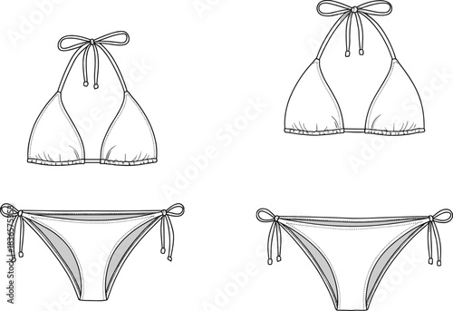 Triangle string bikini swimwear front and back template, detailed fashion flat sketch for beachwear design, technical garment outline, cad drawing flat vector illustration