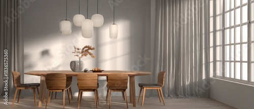 Modern scandinavian dining room interior with wooden table, chairs, and pendant lamps, bathed in natural sunlight and soft shadows