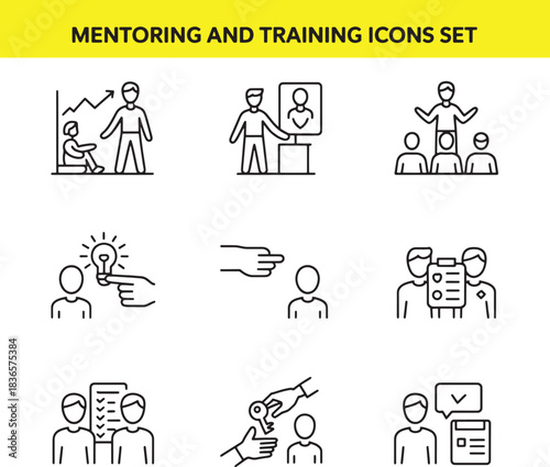 Professional Mentorship Vector Icons – Training, Coaching, Career Growth, Leadership, Team Building, Guidance, Learning, Skills Development, Workplace Support