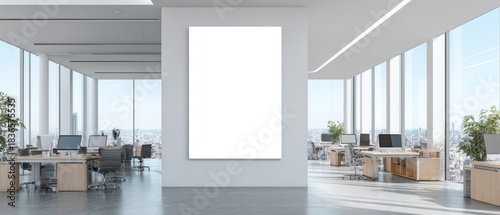 Modern open-plan office interior with blank vertical billboard mockup on wall, featuring city skyline views and contemporary design elements