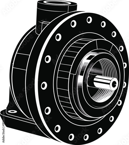 Harmonic drive gear assembly illustration, precision mechanical component, rotary actuator design, robotics engineering part, industrial machinery schematic drawing, technical engineering concept