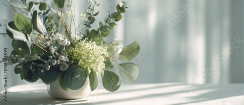 Serene green and white floral arrangement with eucalyptus and soft natural light for minimalist home decor