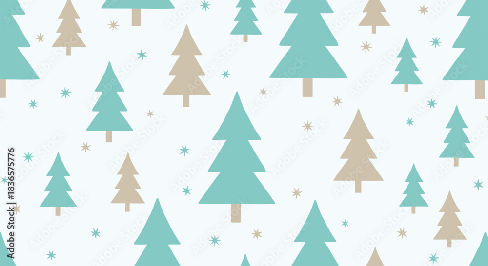 Obraz premium Simple and gentle seamless Christmas pattern with stylized fir trees and stars in a soft blue and beige color palette for kids.