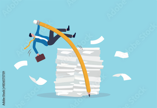 Efficiency or productivity to finish work, manage busy workload or paperwork, project documents or overcome exhausted or challenge concept, businessman jump pole vault over busy document paper.