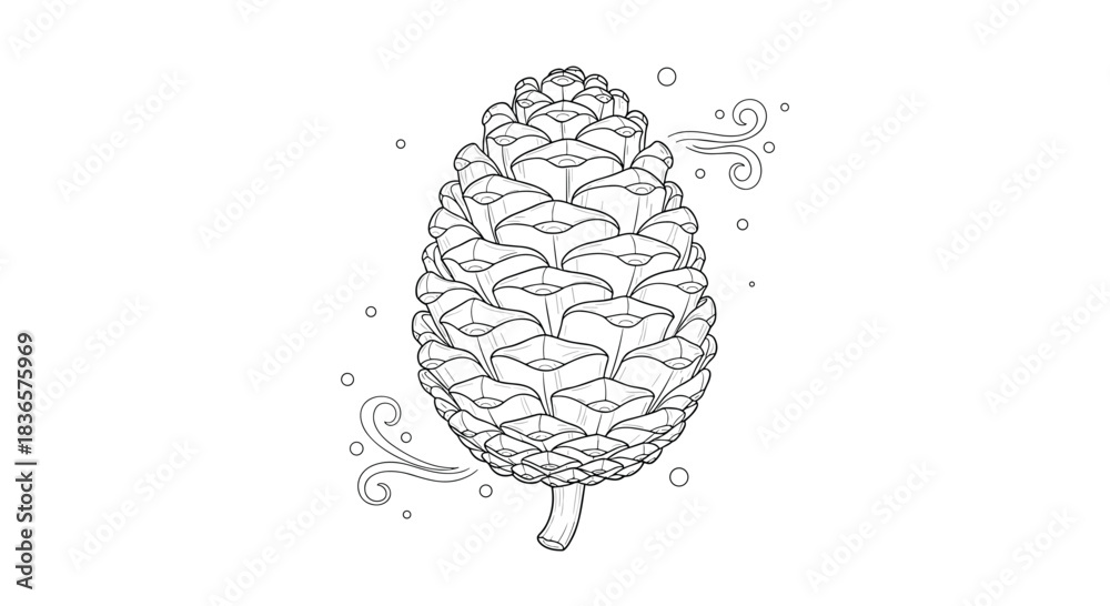 Obraz premium Detailed black and white line art illustration of a single pine cone with whimsical wind swirls, isolated on a white background.