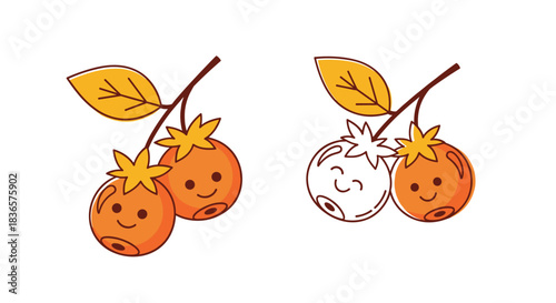 Cute kawaii-style persimmon characters with smiling faces, presented in both full color and a black and white outline for coloring.