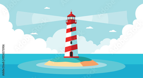 A vibrant, flat design landscape of a red and white striped lighthouse on a small island, shining its light over the sea.