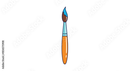 Simple cartoon illustration of a classic artist's paintbrush with a wooden handle and blue paint on the bristles, ready to create art.