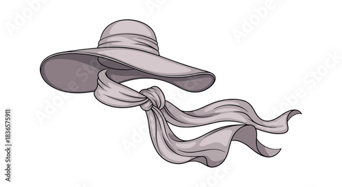 Elegant cartoon illustration of a wide-brimmed ladies' sun hat with a long, flowing ribbon tied in a knot, isolated on white.