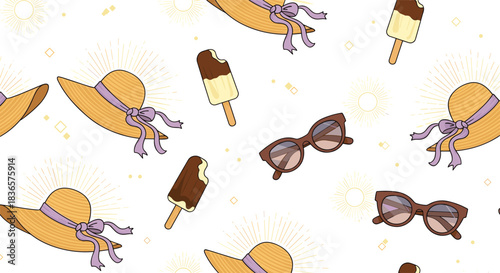 A fun and stylish seamless summer pattern with straw hats, sunglasses, and chocolate popsicles, perfect for vacation-themed designs.