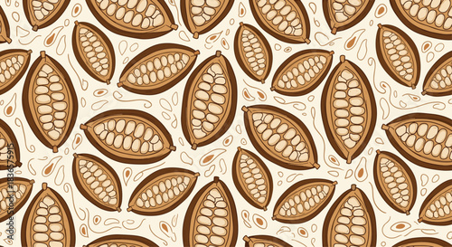 A rich, hand-drawn seamless pattern of split cocoa pods and scattered beans, creating a warm, organic texture for chocolate branding.