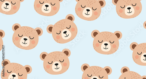Adorable seamless pattern of cute sleeping teddy bear faces with rosy cheeks scattered on a soft light blue background for kids.