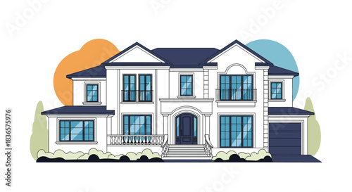 Modern illustration of a luxurious two-story family home with a dark roof and large windows, isolated on a white background.
