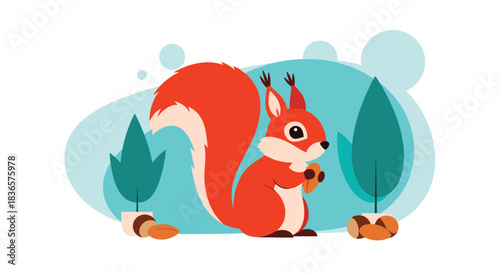 Adorable flat illustration of a cute red squirrel with a fluffy tail holding a nut, isolated on a white background design.