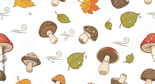 Charming seamless autumn pattern with a variety of hand-drawn mushrooms, colorful fall leaves, and wind swirls on a background.