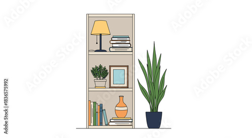 Modern interior design illustration of a bookshelf with books, a lamp, and decor next to a large potted snake plant inside.