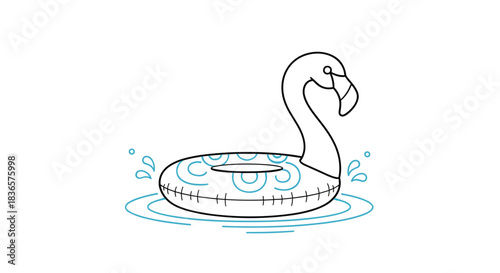 Simple black and white line art drawing of an inflatable flamingo pool float ring splashing in the water on a summer day.