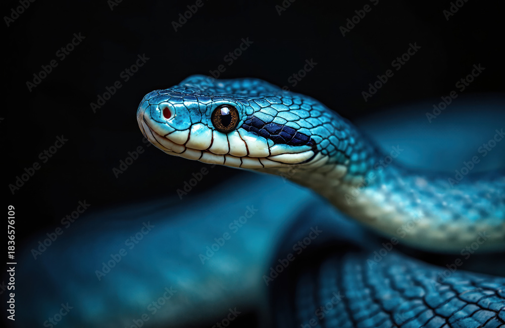 Obraz premium Blue viper snake close up. Focus on head with detailed scales. Reptile has bright eye. Dark background. Snake portrait presents beauty of nature. Animal is dangerous and venomous but impressive.