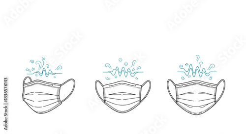 Hand-drawn line art illustration of three medical face masks, symbolizing protection against viruses, germs, and pollution.