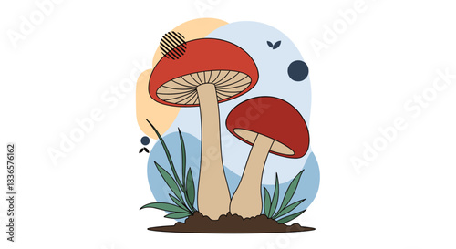 Modern abstract illustration of two red-capped mushrooms growing in the grass with a background of colorful organic shapes.