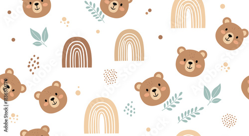 Cute seamless pattern for children featuring teddy bear faces, boho style rainbows, and leaves in a gentle, earthy color palette.