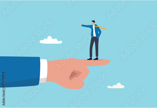 Employee conflict direction, argument between coworker, different thought, disagreement or opposite way, decision issue concept, tiny businessman standing on giant hand pointing in opposite direction.