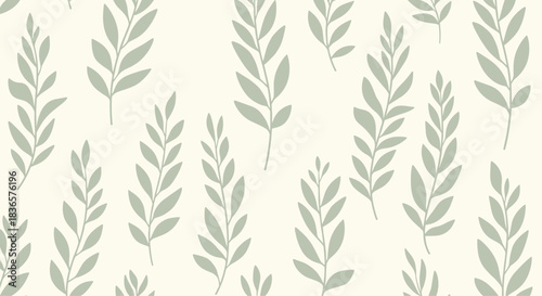 Simple seamless botanical pattern featuring delicate light green branches and leaves arranged vertically on a soft off-white background.