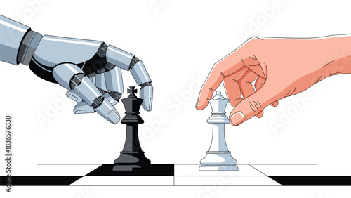 Human versus AI in strategic chess game showcasing competition and future technology challenges with a robot hand making a move