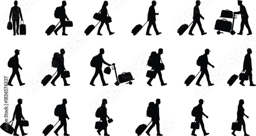 Travelers Silhouettes Collection, People Walking with Luggage, Diverse Men and Women Carrying Bags and Suitcases at Airport Vector