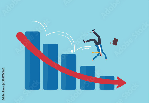 Stock market plunged falling down, economic crash, investing failure or mistake, price drop, recession, investment risk concept, businessman investor slip on stock market graph fall down to the floor.