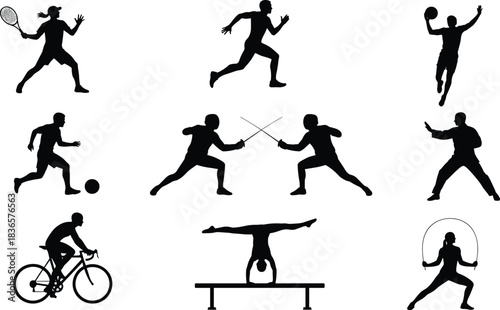 Diverse Sports Activities Silhouettes Collection, Athletes Playing Tennis, Cycling, Climbing, Running, Fencing, and Martial Arts Vector