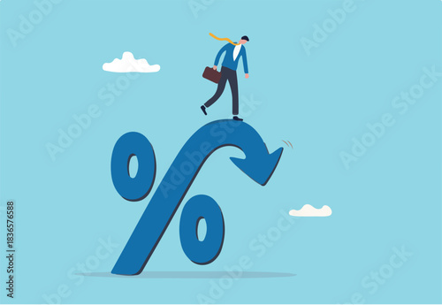Inflation or interest rate falling down, decrease or reduction, profit fall in economic recession, stock market value loss, FED reduce interest rate, businessman on percentage sign with falling down