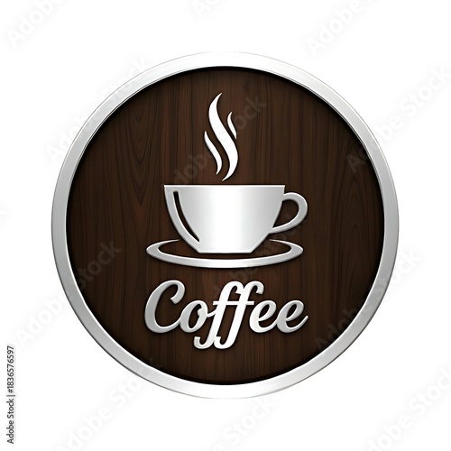 Cafe signage design featuring 3d metallic steaming coffee cup on saucer and text 