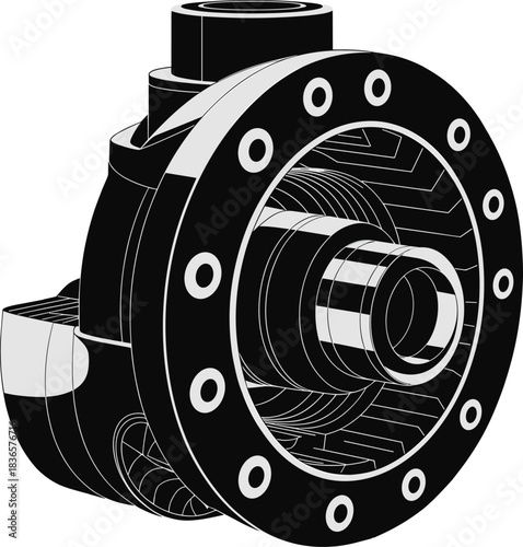Gearbox technical drawing, rotary actuator vector, mechanical component illustration, industrial machinery design, engineering graphic, machine element, cutaway view
