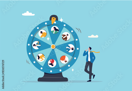 Choosing candidate, hiring new headcount or applicant, lucky winner staff, human resources pick new talent or layoff employee concept, businessman HR staff picking candidate by lucky draw wheel. 