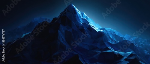 Luminous abstract low poly blue mountain landscape - geometric faceted peaks in digital art