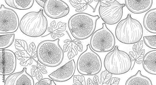 Seamless pattern of hand-drawn figs and leaves in black and white sketch style.
