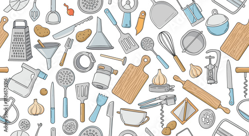 A collection of various kitchen utensils and ingredients arranged in a seamless pattern.