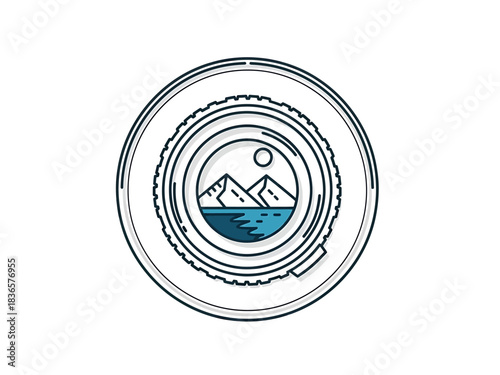 Photography lens with mountain and lake landscape