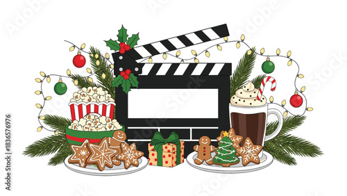 Cozy up for Christmas movie night with hot cocoa, popcorn, and gingerbread cookies on set festive holiday cheer