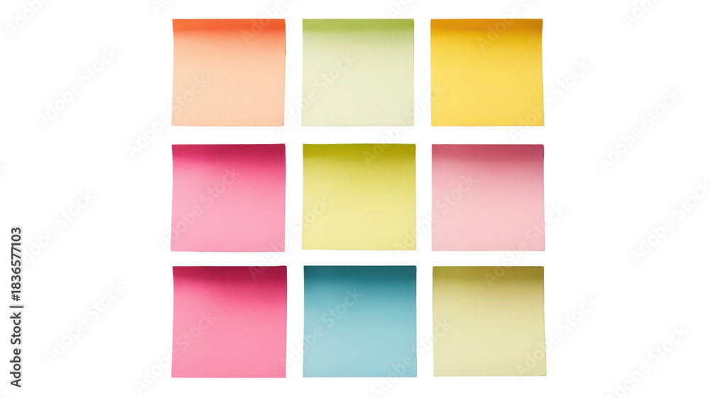 Obraz premium Nine colorful sticky notes in a 3x3 grid, isolated on white background